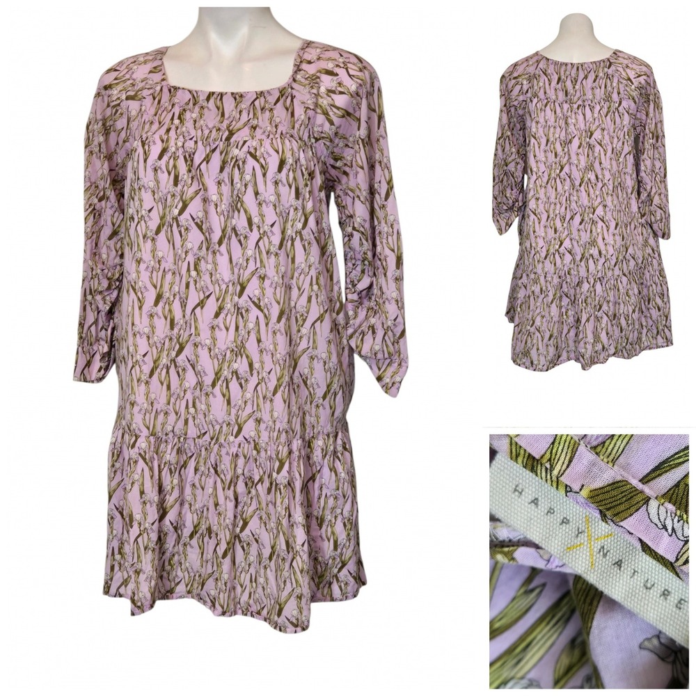 Happy X Nature Floral Mini Dress Lavender Purple Iris Print Cotton Size M